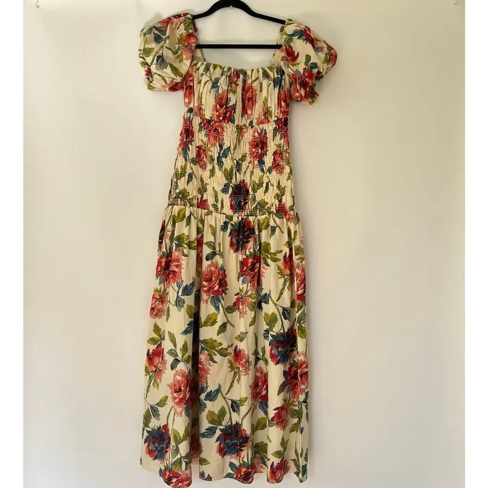 Abercrombie & Fitch Smocked Drop-Waist Puff Sleeve Floral Maxi Dress Size MP